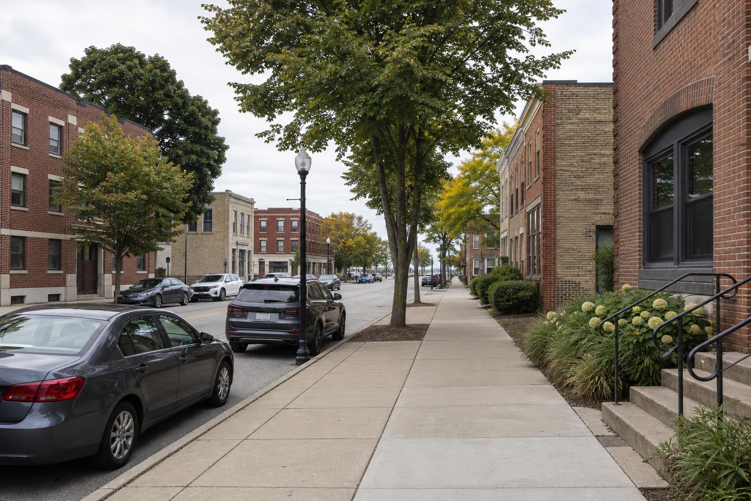 A quiet residential street with parked cars along the curb, brick apartment buildings, and a sidewalk lined with trees.